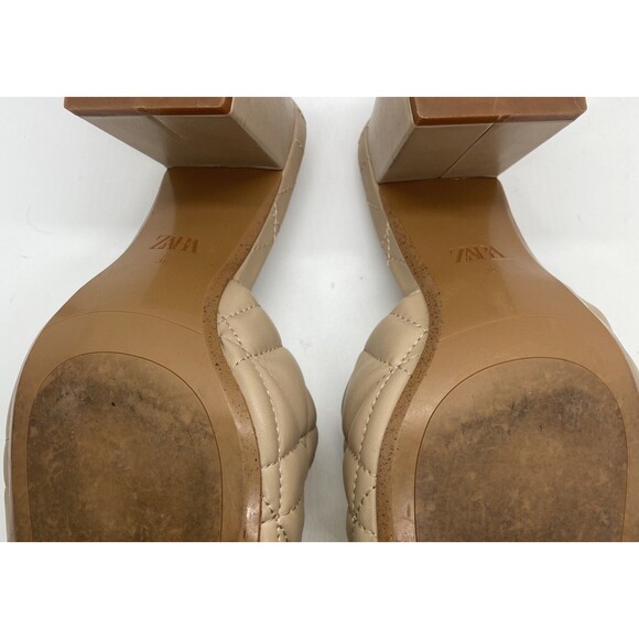 ZARA Neutral Nude Quilted 1 Band Square Toe Block 3” Heels EUC Sz 39 / 8 Tan - Picture 10 of 10